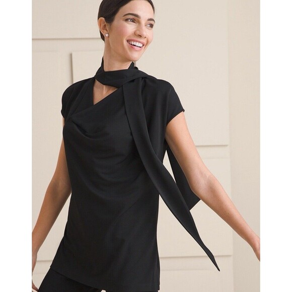 NWT Chico's Black Label Cowl Neck Top Dressy Shirt Tunic Tie Neck Bow Blue Large - Picture 11 of 11